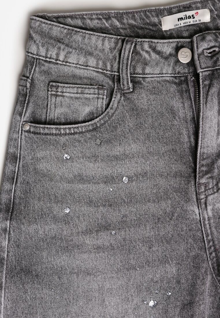 Szare Jeansy High Waist Wide Leg ze Świecącymi Drobinkami Luiza