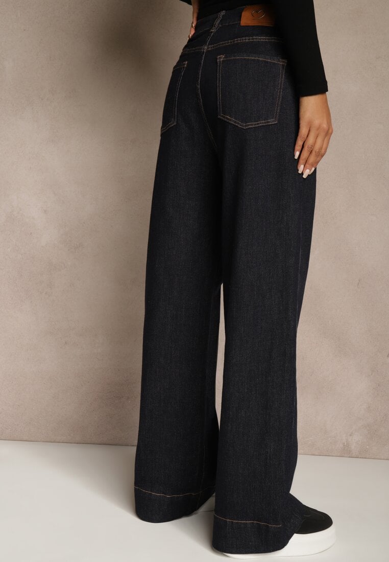 Granatowe Szerokie Jeansy z Bawełną High Waist Ozdobione Kieszeniami Lalla