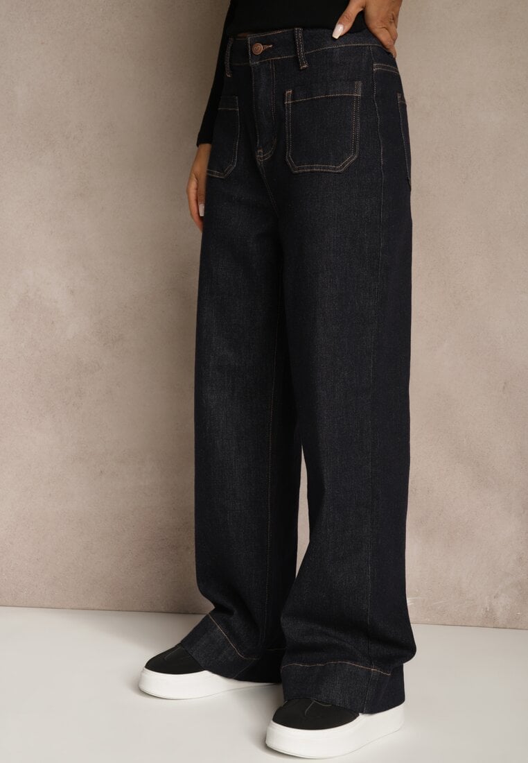 Granatowe Szerokie Jeansy z Bawełną High Waist Ozdobione Kieszeniami Lalla