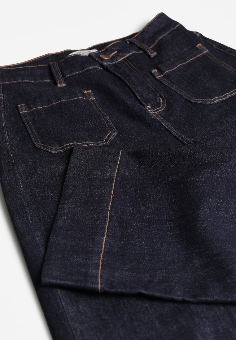 Granatowe Szerokie Jeansy z Bawełną High Waist Ozdobione Kieszeniami Lalla