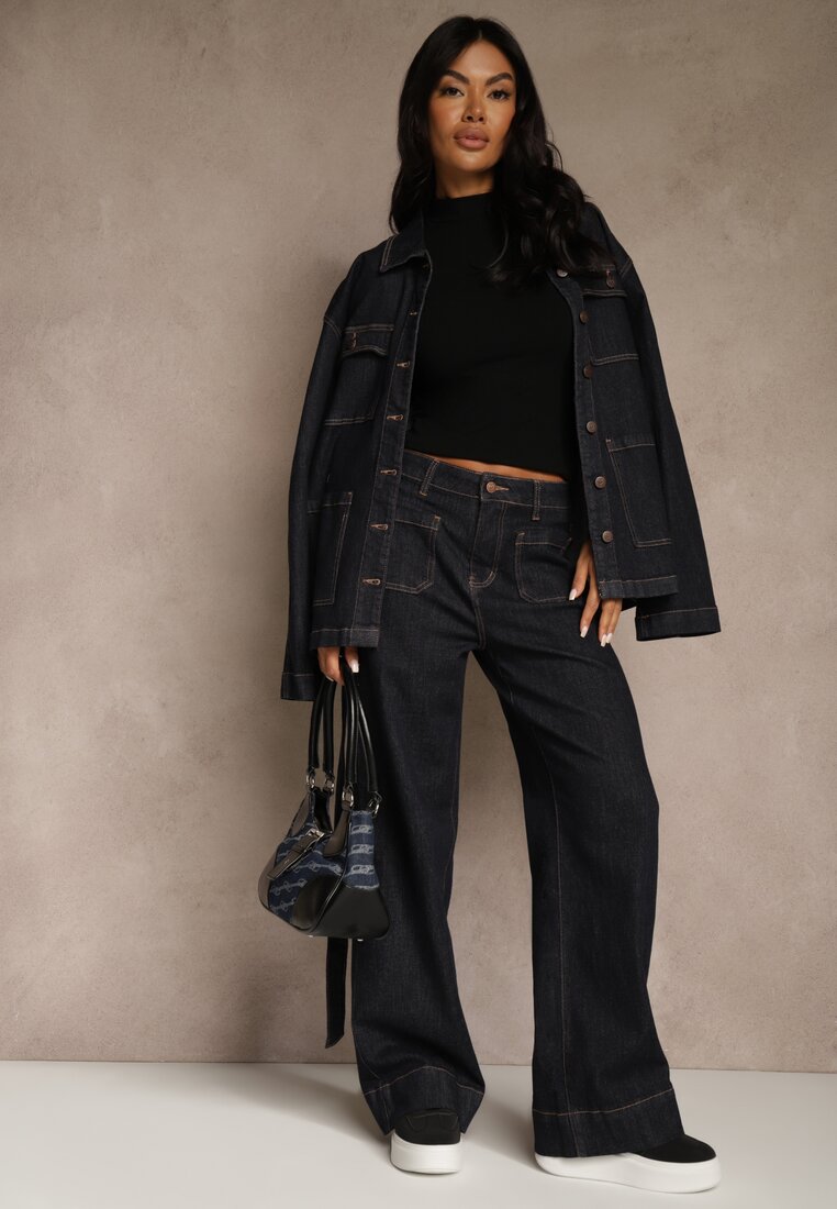 Granatowe Szerokie Jeansy z Bawełną High Waist Ozdobione Kieszeniami Lalla