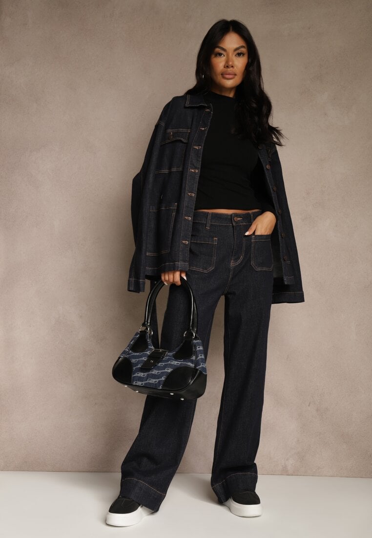 Granatowe Szerokie Jeansy z Bawełną High Waist Ozdobione Kieszeniami Lalla