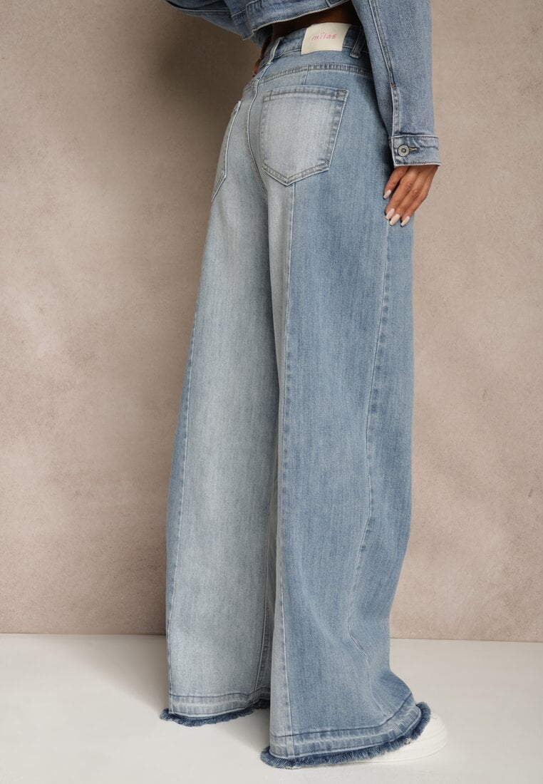 Niebieskie Jeansy High Waist Wide Leg w Dwóch Odcieniach Denimu Carilvienne