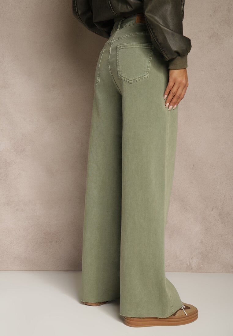 Ciemnozielone Jeansy o Szerokim Kroju z Bawełny High Waist Marquilla