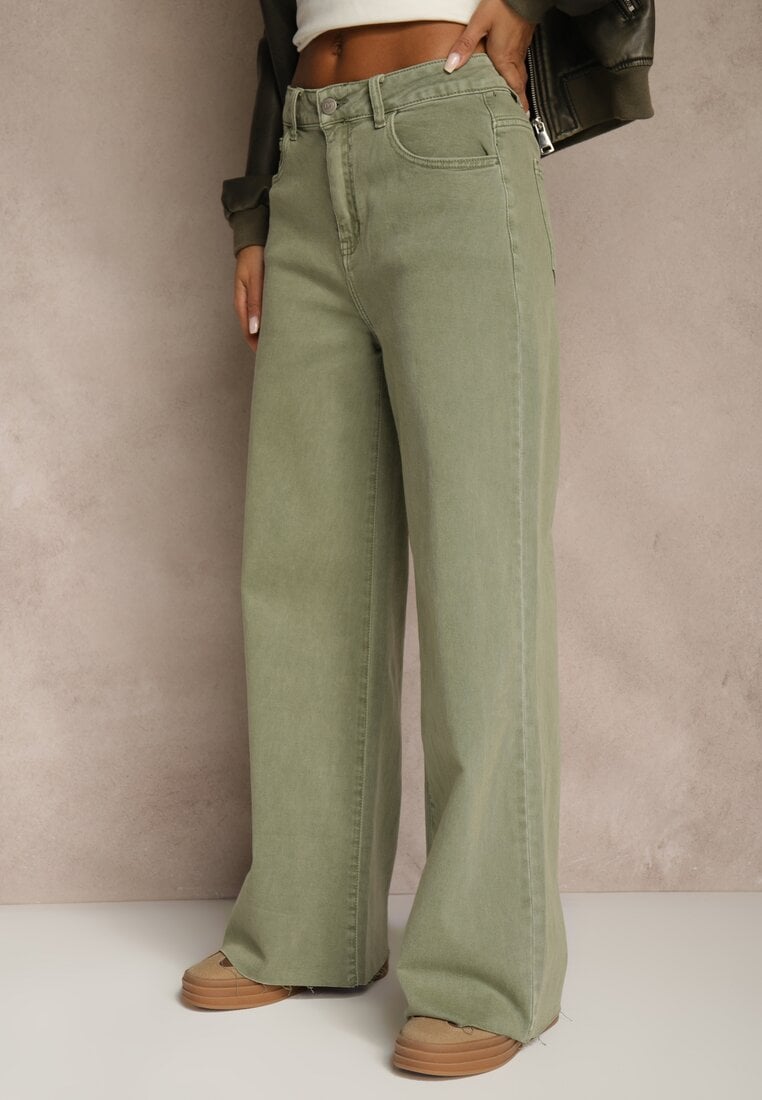 Ciemnozielone Jeansy o Szerokim Kroju z Bawełny High Waist Marquilla