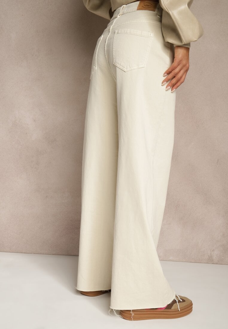 Jasnobeżowe Jeansy Wide Leg High Waist z Postrzępionymi Krawędziami Brizess