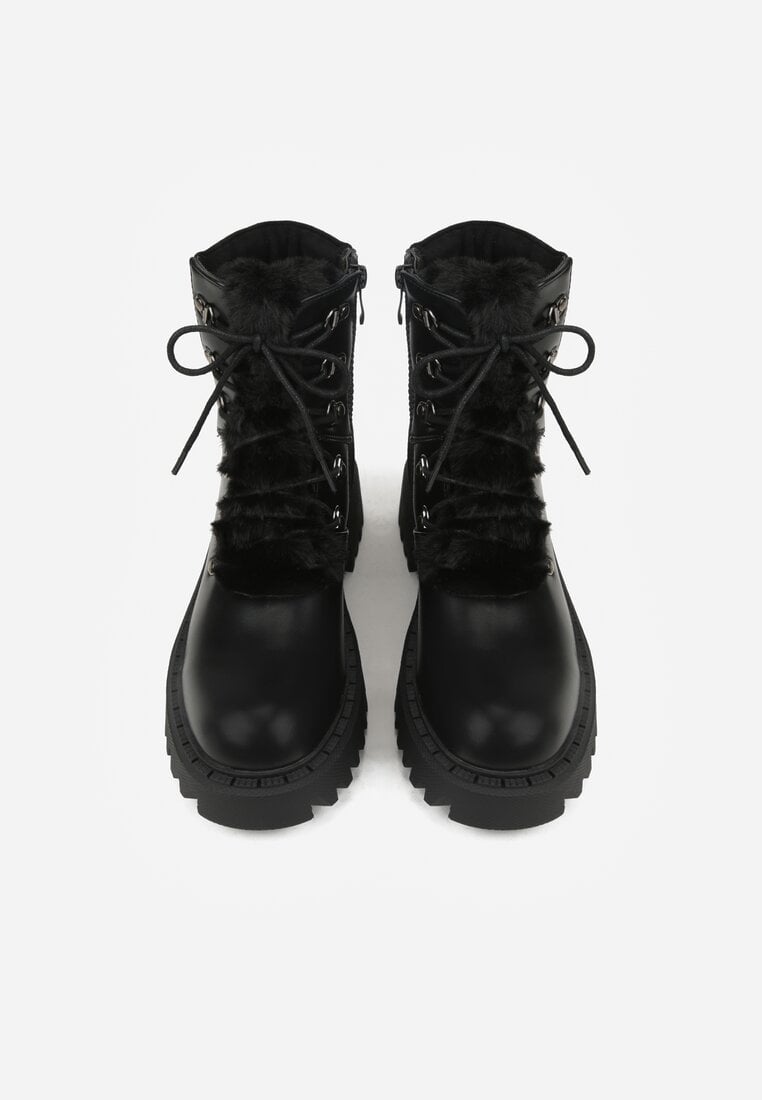 Czarne Trapery w Casualowym Stylu z Futerkowym Zdobieniem na Języku Taniapea