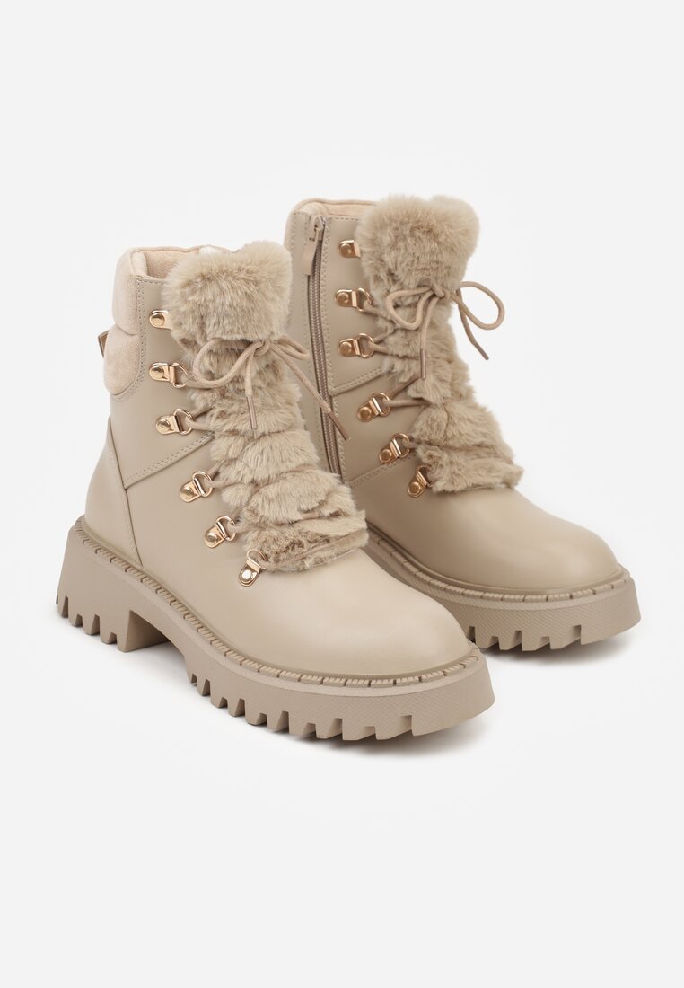 Ciemnobeżowe Trapery w Casualowym Stylu z Futerkowym Zdobieniem na Języku Taniapea