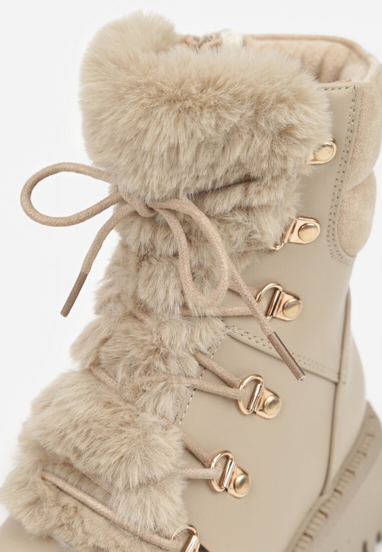 Ciemnobeżowe Trapery w Casualowym Stylu z Futerkowym Zdobieniem na Języku Taniapea