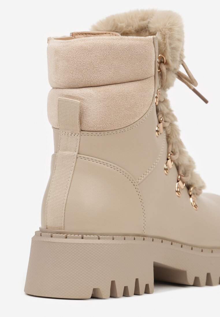 Ciemnobeżowe Trapery w Casualowym Stylu z Futerkowym Zdobieniem na Języku Taniapea