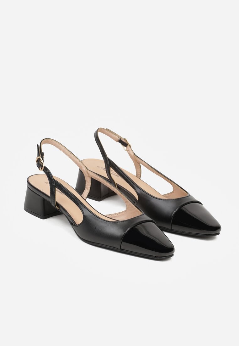 Czarne Sandały Slingback na Klocku z Lakierowanym Noskiem Iphisania
