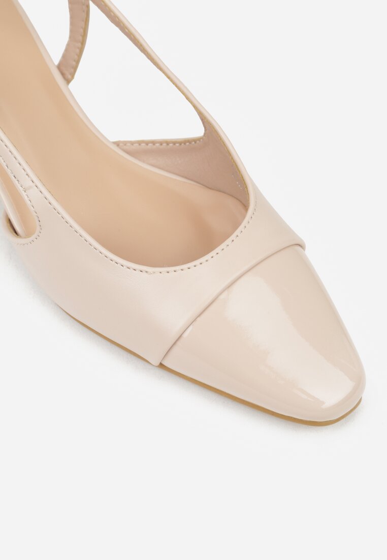Beżowe Sandały Slingback na Klocku z Lakierowanym Noskiem Iphisania