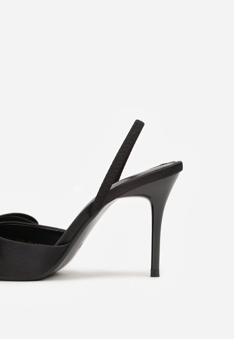 Czarne Sandały Satynowe na Szpilce Slingback Ozdobione Kokardą Daemoris
