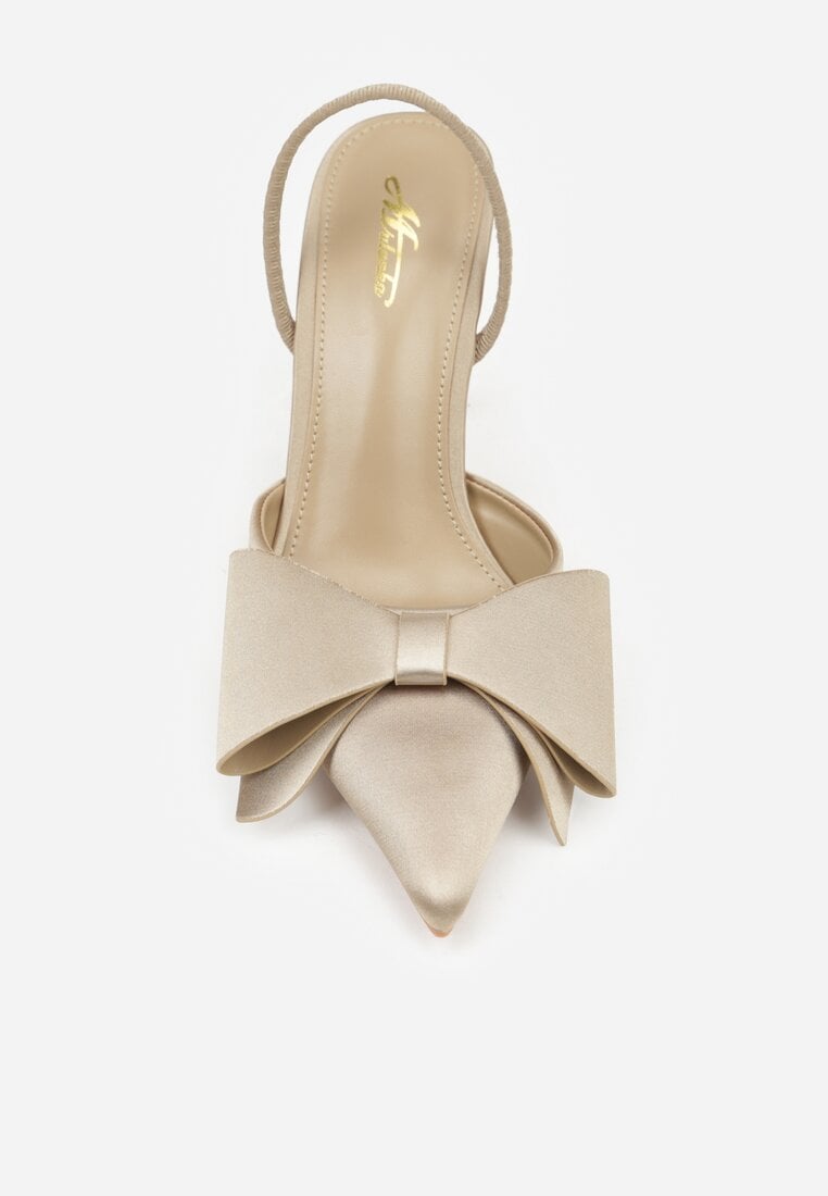 Ciemnobeżowe Sandały Satynowe na Szpilce Slingback Ozdobione Kokardą Daemoris