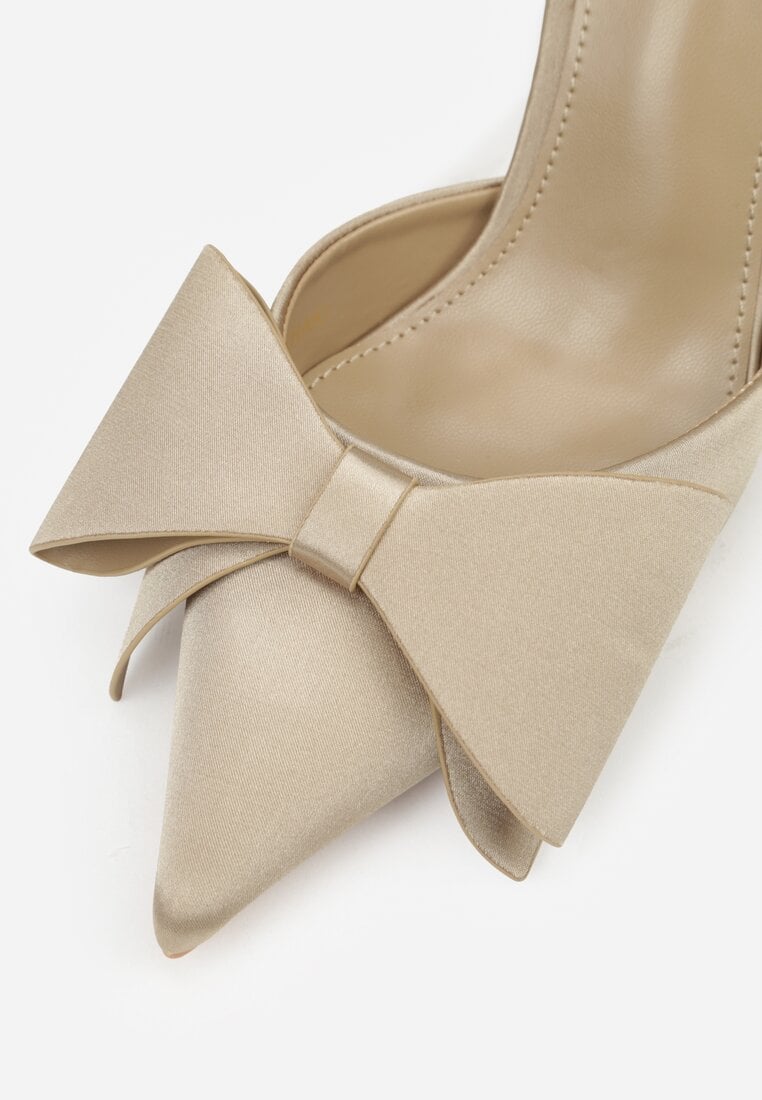 Ciemnobeżowe Sandały Satynowe na Szpilce Slingback Ozdobione Kokardą Daemoris