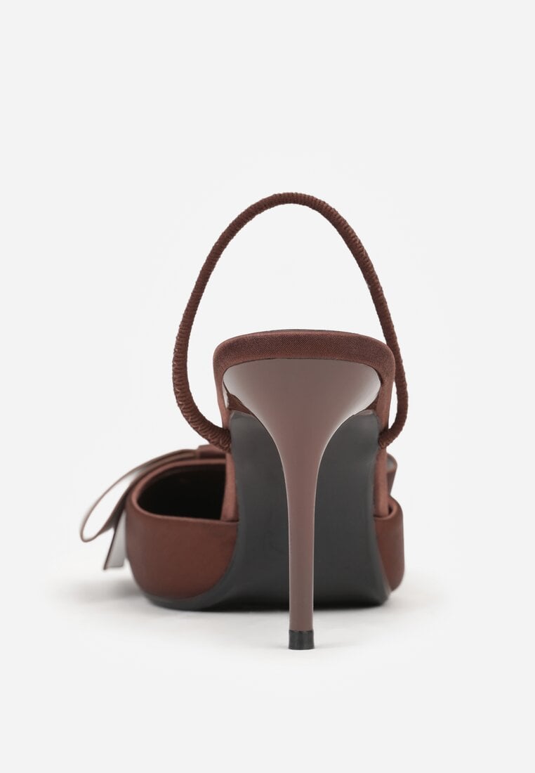 Brązowe Sandały Satynowe na Szpilce Slingback Ozdobione Kokardą Daemoris