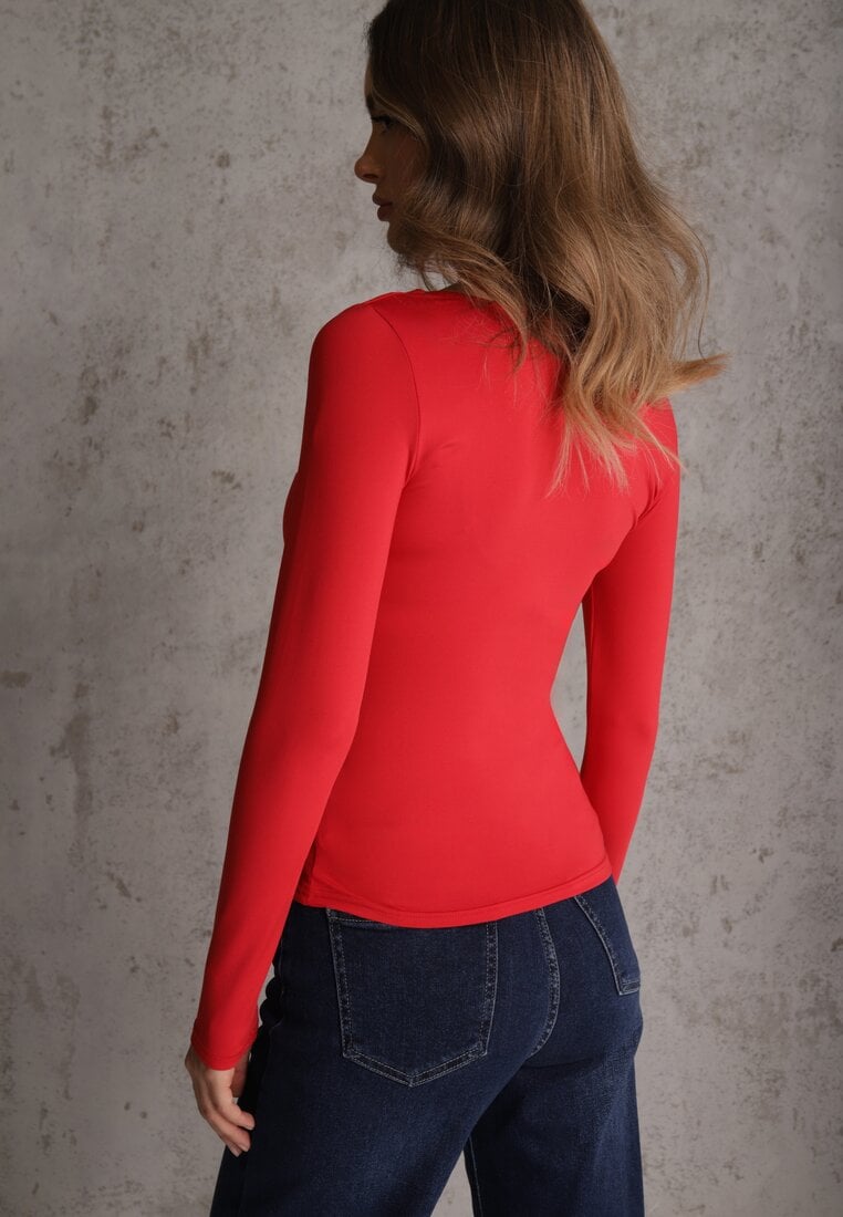 Czerwona Bluzka z Elastycznego Materiału o Kwadratowym Dekolcie z Wiskozą Nemosa