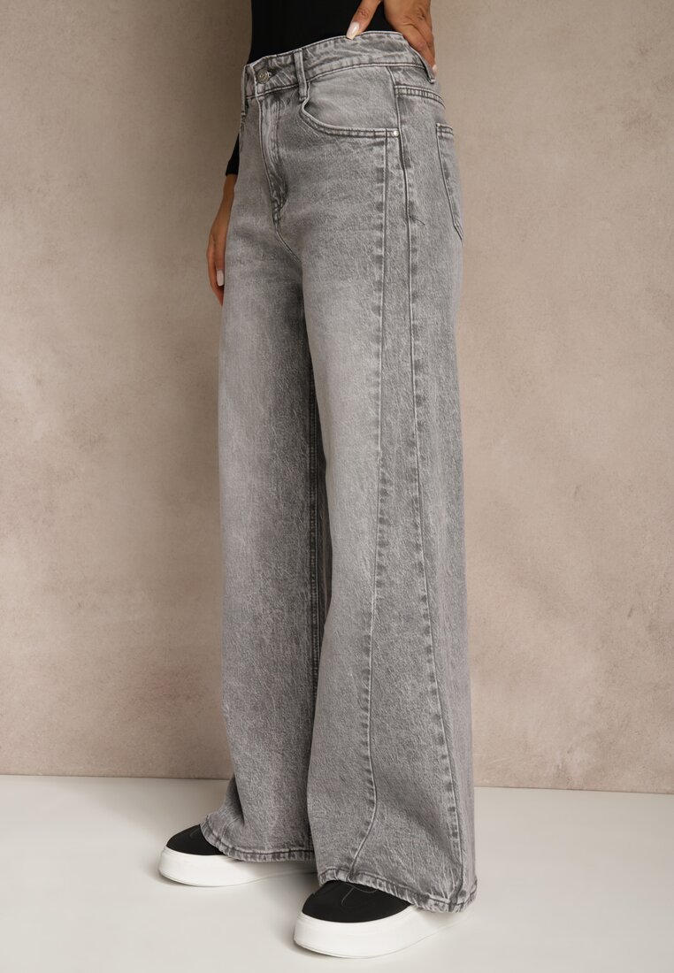 Szare Szerokie Jeansy z Bawełny High Waist Ozdobione Przetarciami Orryna