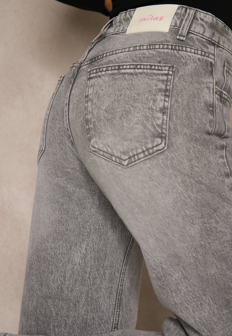 Szare Szerokie Jeansy z Bawełny High Waist Ozdobione Przetarciami Orryna