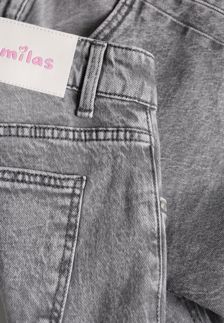 Szare Szerokie Jeansy z Bawełny High Waist Ozdobione Przetarciami Orryna