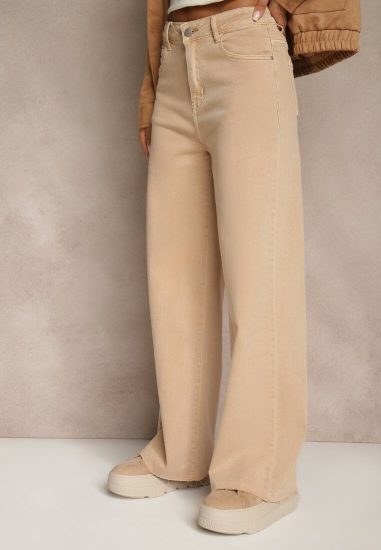 Beżowe Jeansy High Waist Wide Leg z Surowo Zakończonymi Nogawkami Rhelnell