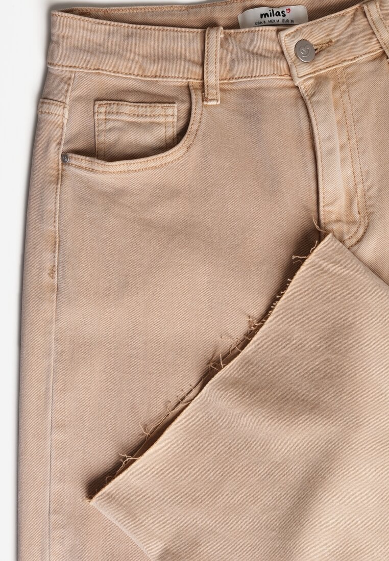 Beżowe Jeansy High Waist Wide Leg z Surowo Zakończonymi Nogawkami Rhelnell