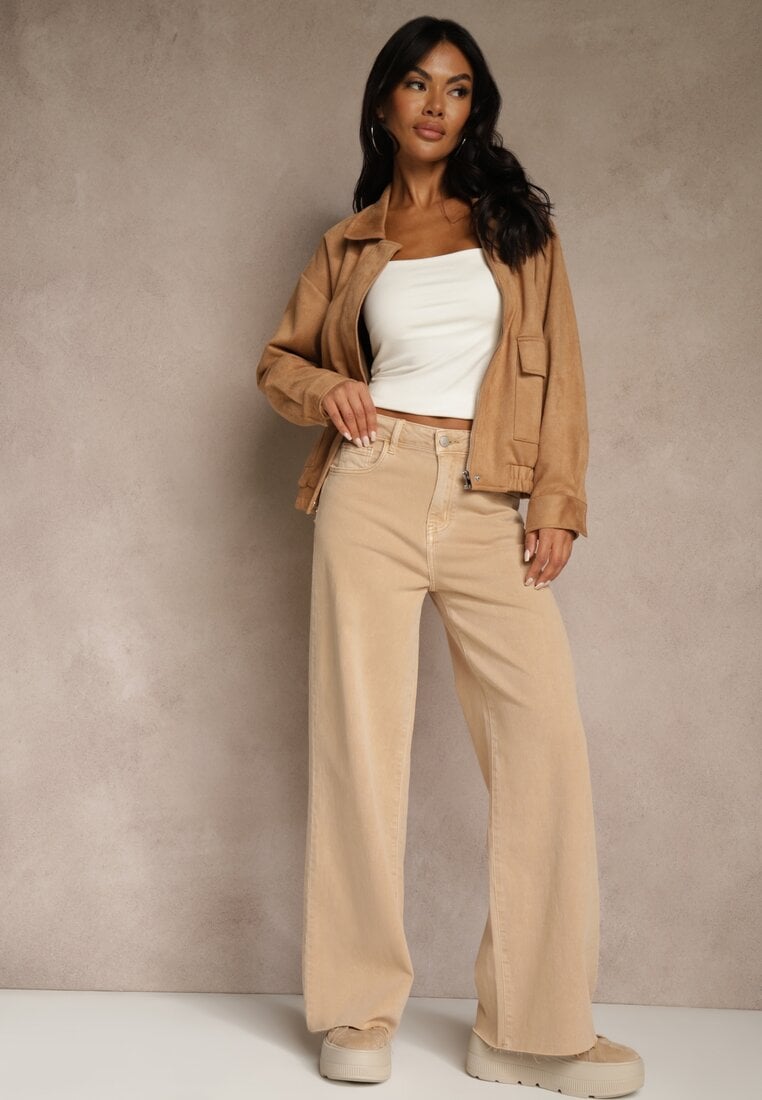 Beżowe Jeansy High Waist Wide Leg z Surowo Zakończonymi Nogawkami Rhelnell