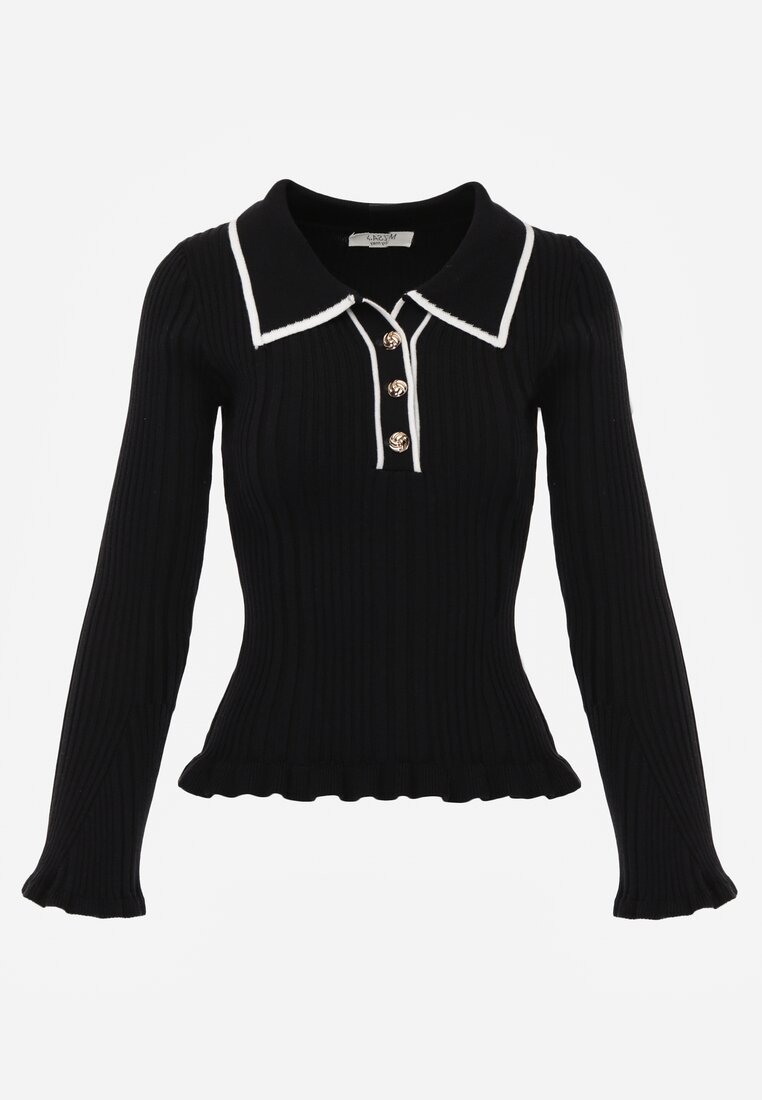 Czarny Sweter Retro z Wiskozą Zdobiony Kołnierzykiem Falbankami i Guzikami Sirrise