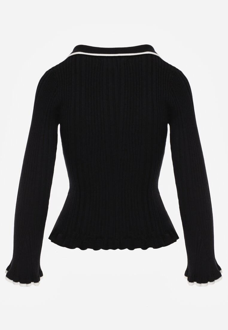 Czarny Sweter Retro z Wiskozą Zdobiony Kołnierzykiem Falbankami i Guzikami Sirrise
