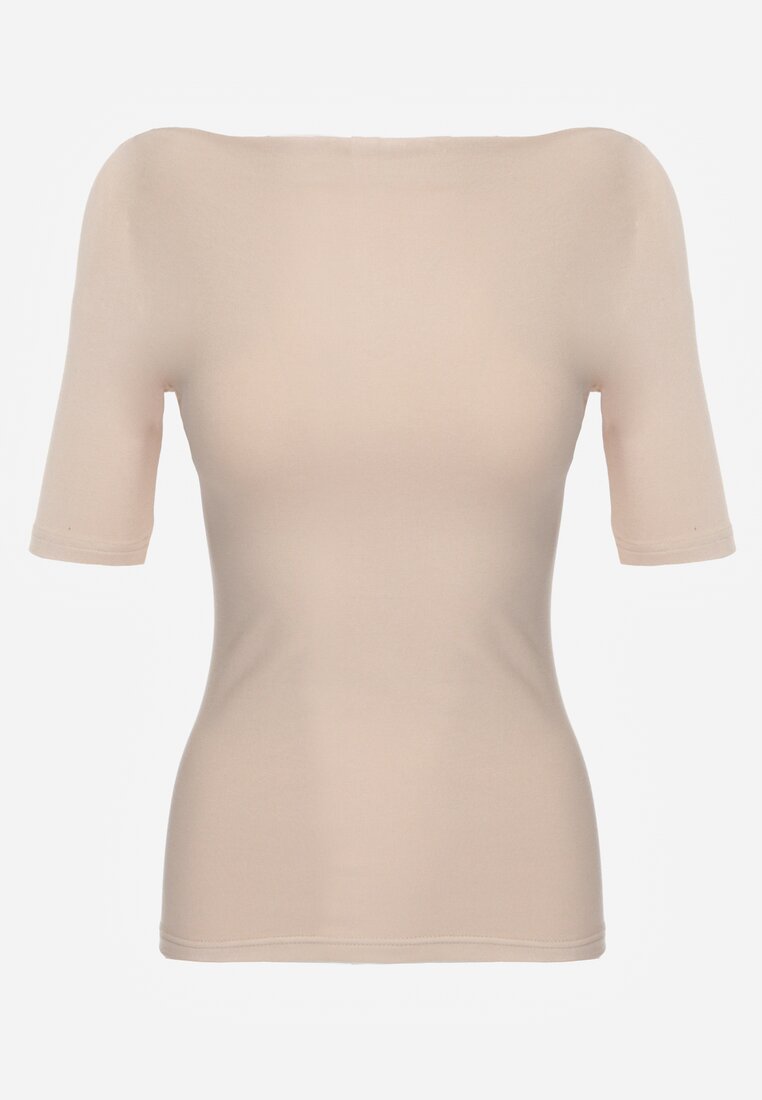 Beżowy Dopasowany T-shirt z Wiskozy z Dekoltem w Łódkę Vivianna