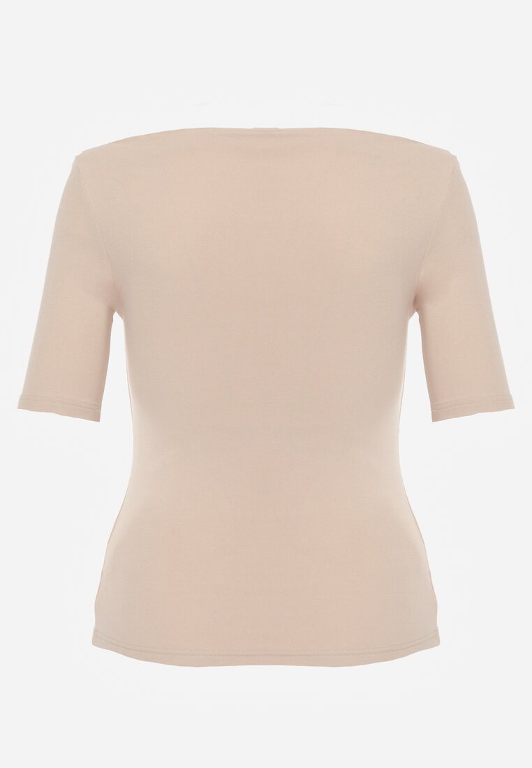 Beżowy Dopasowany T-shirt z Wiskozy z Dekoltem w Łódkę Vivianna