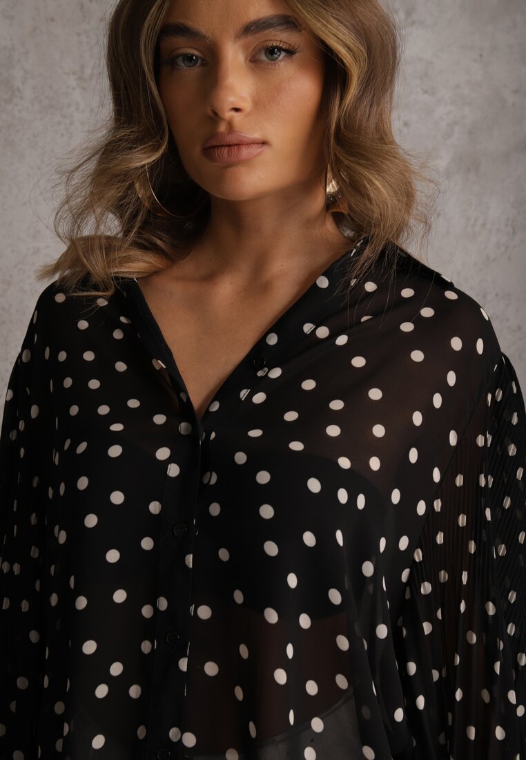 Czarna Koszula z Wiskozy i Bawełny Zdobiona Groszkami i Plisami na Rękawach Osharus
