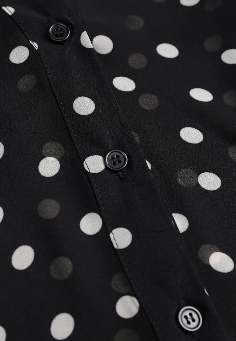 Czarna Koszula z Wiskozy i Bawełny Zdobiona Groszkami i Plisami na Rękawach Osharus