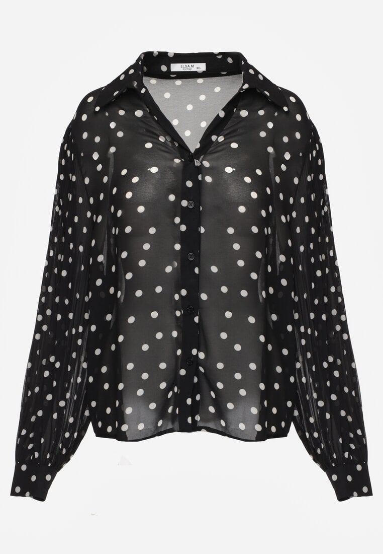 Czarna Koszula z Wiskozy i Bawełny Zdobiona Groszkami i Plisami na Rękawach Osharus