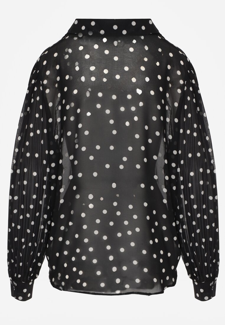 Czarna Koszula z Wiskozy i Bawełny Zdobiona Groszkami i Plisami na Rękawach Osharus