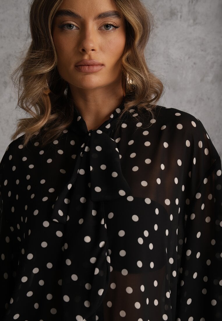 Czarna Półprzezroczysta Koszula w Kropki z Wiskozy i Bawełny z Wiązaniem Delmara