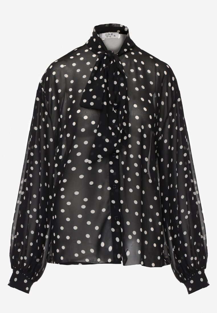 Czarna Półprzezroczysta Koszula w Kropki z Wiskozy i Bawełny z Wiązaniem Delmara