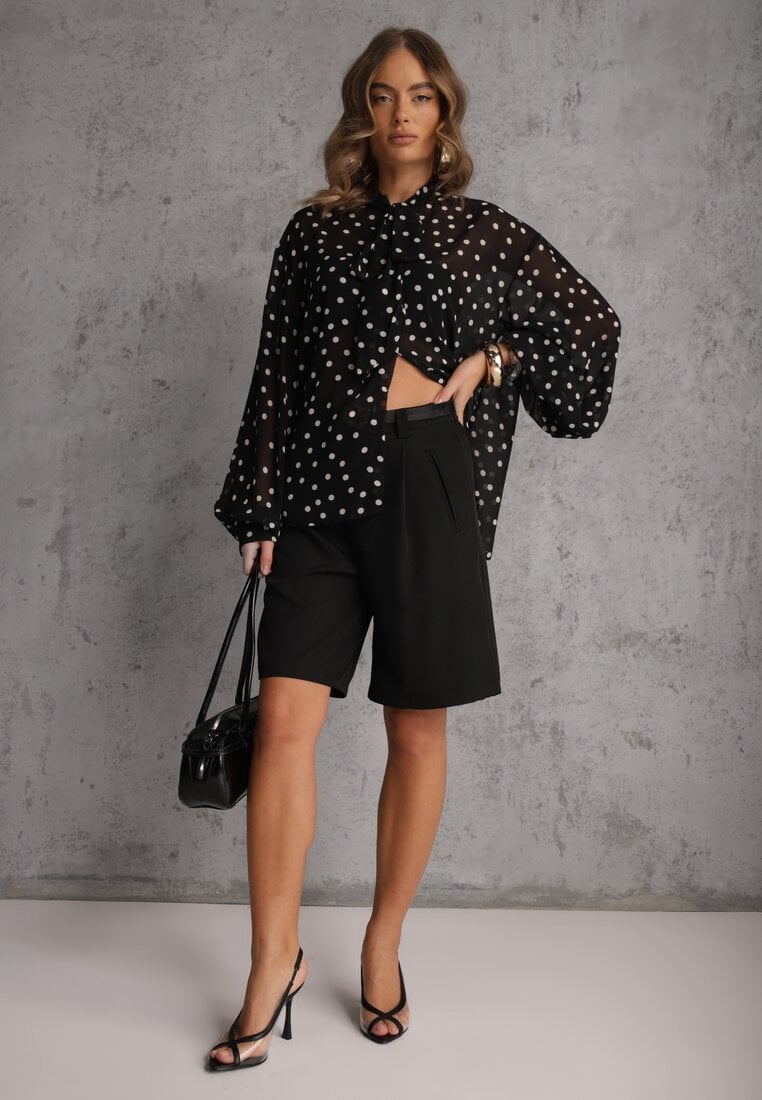 Czarna Półprzezroczysta Koszula w Kropki z Wiskozy i Bawełny z Wiązaniem Delmara