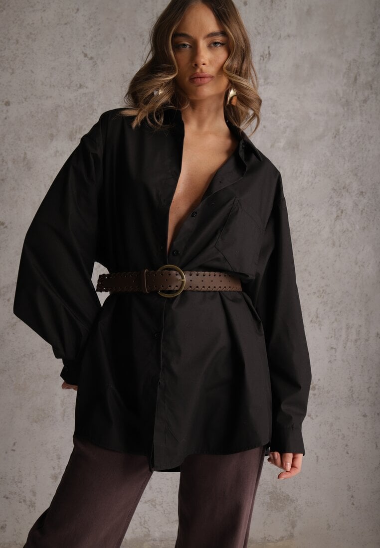 Czarna Bawełniano-Wiskozowa Koszula o Długim Kroju Oversize z Paskiem Tethys