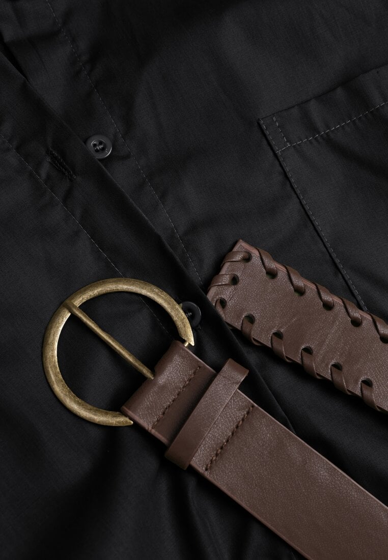 Czarna Bawełniano-Wiskozowa Koszula o Długim Kroju Oversize z Paskiem Tethys