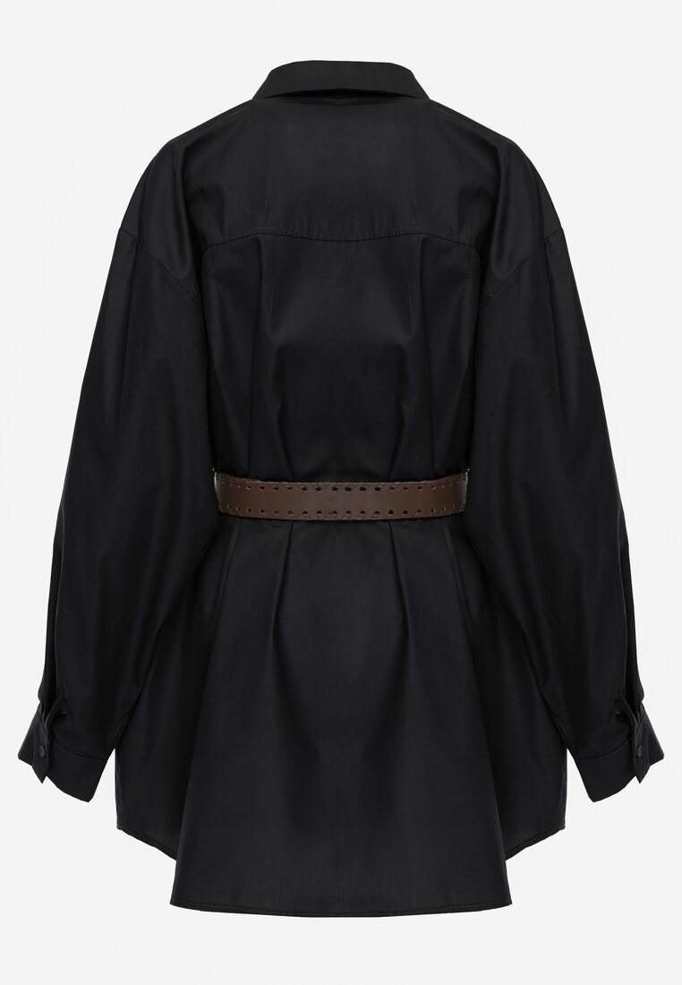 Czarna Bawełniano-Wiskozowa Koszula o Długim Kroju Oversize z Paskiem Tethys