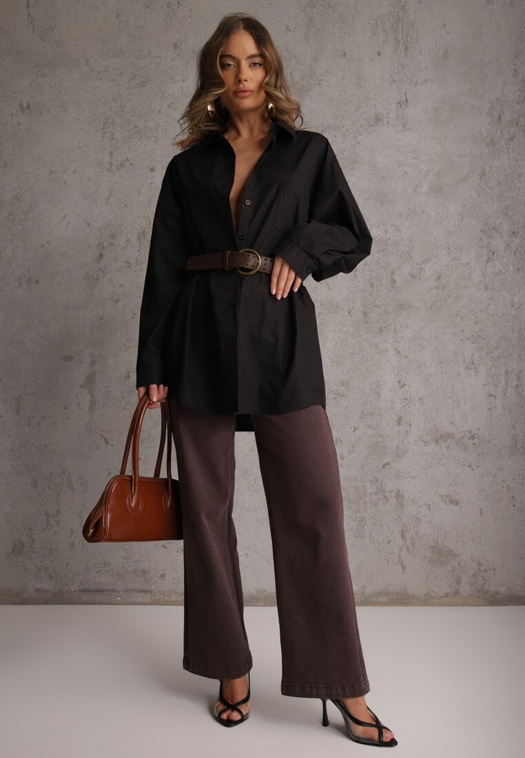 Czarna Bawełniano-Wiskozowa Koszula o Długim Kroju Oversize z Paskiem Tethys