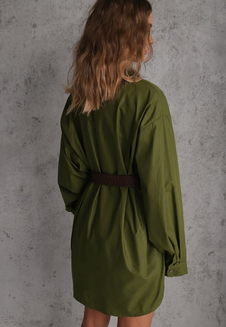 Zielona Bawełniano-Wiskozowa Koszula o Długim Kroju Oversize z Paskiem Tethys