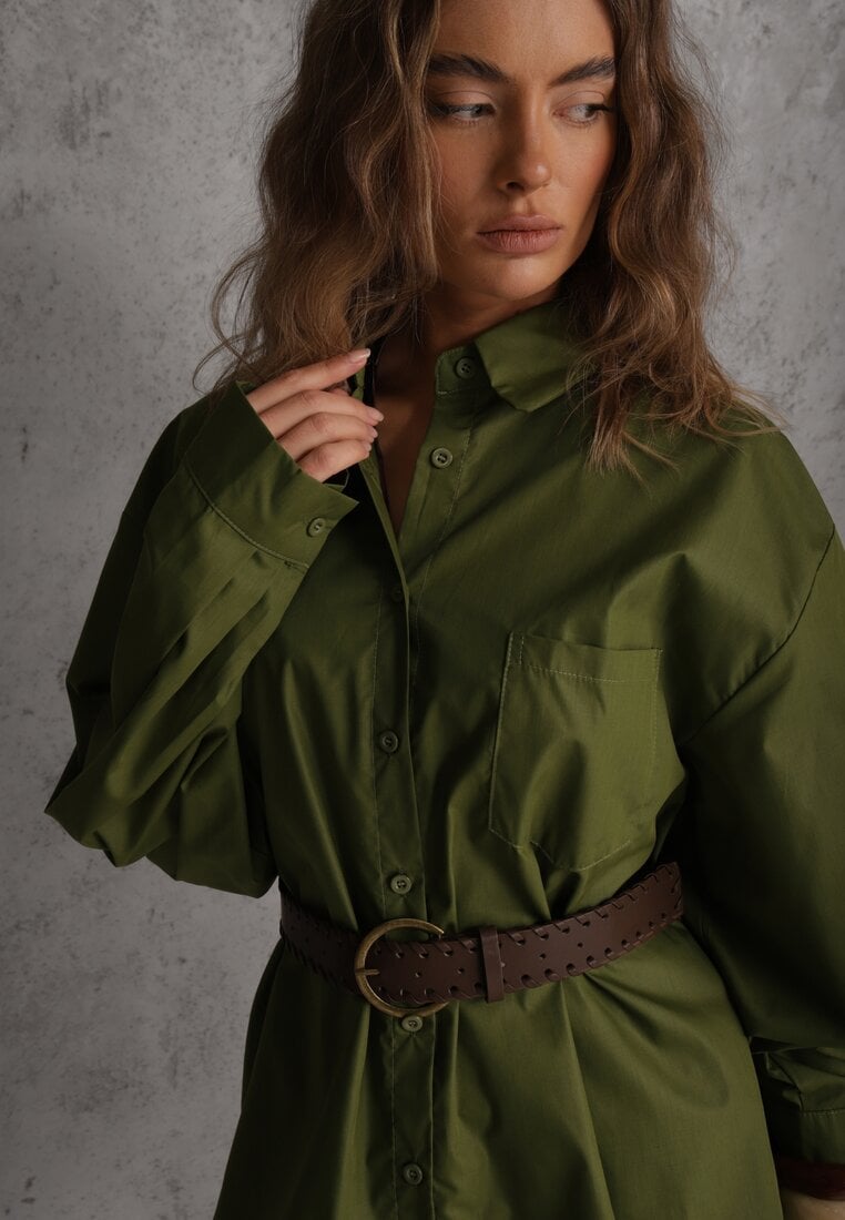 Zielona Bawełniano-Wiskozowa Koszula o Długim Kroju Oversize z Paskiem Tethys