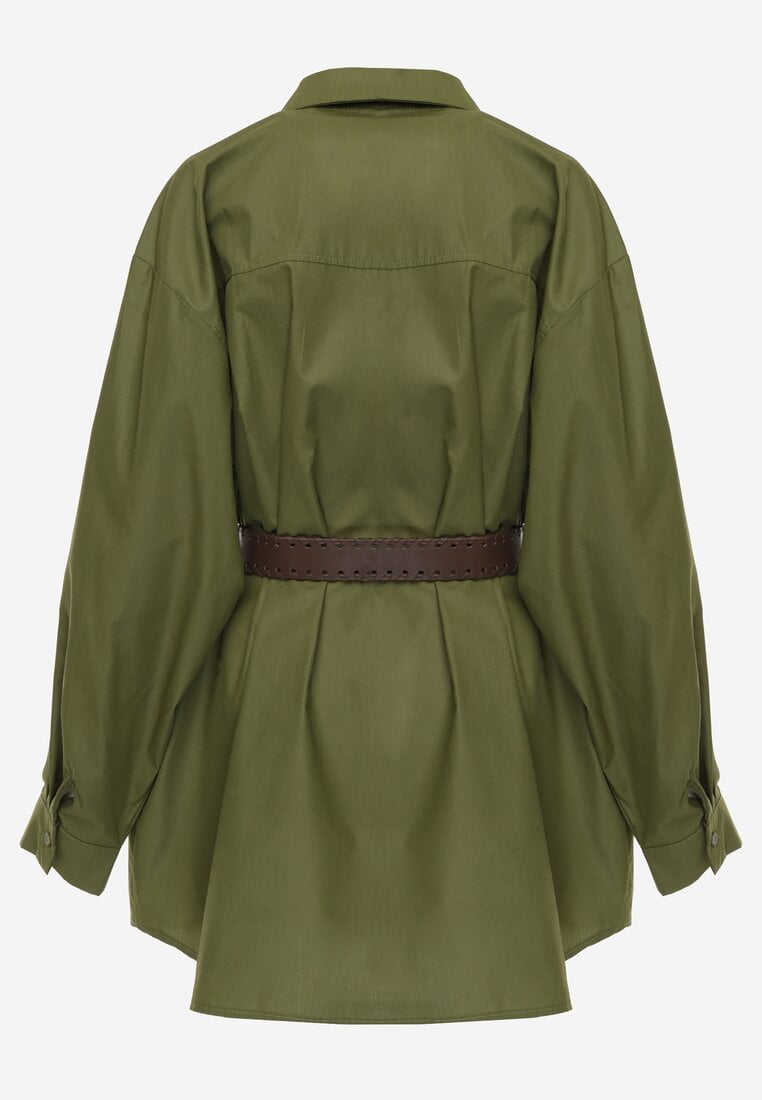 Zielona Bawełniano-Wiskozowa Koszula o Długim Kroju Oversize z Paskiem Tethys