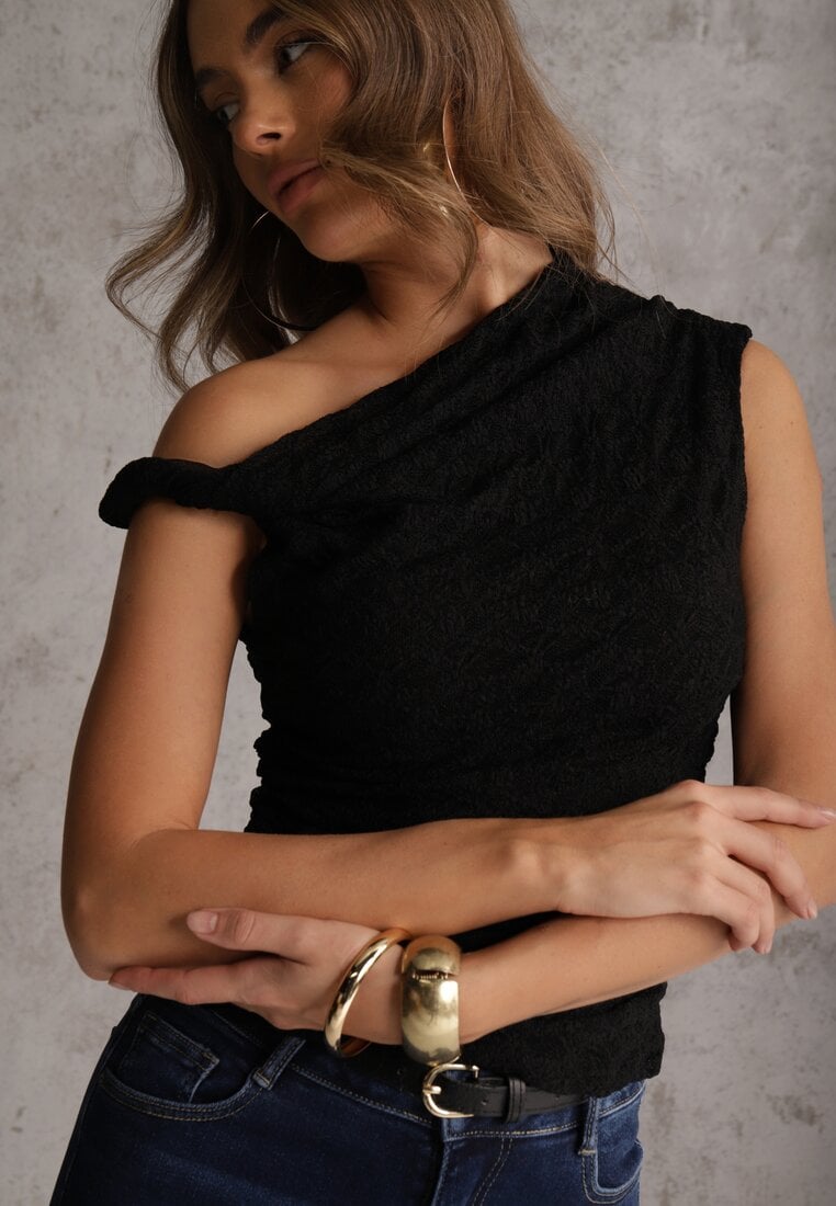 Czarna Asymetryczna Bluzka z Koronki na Jedno Ramię Olitheilise