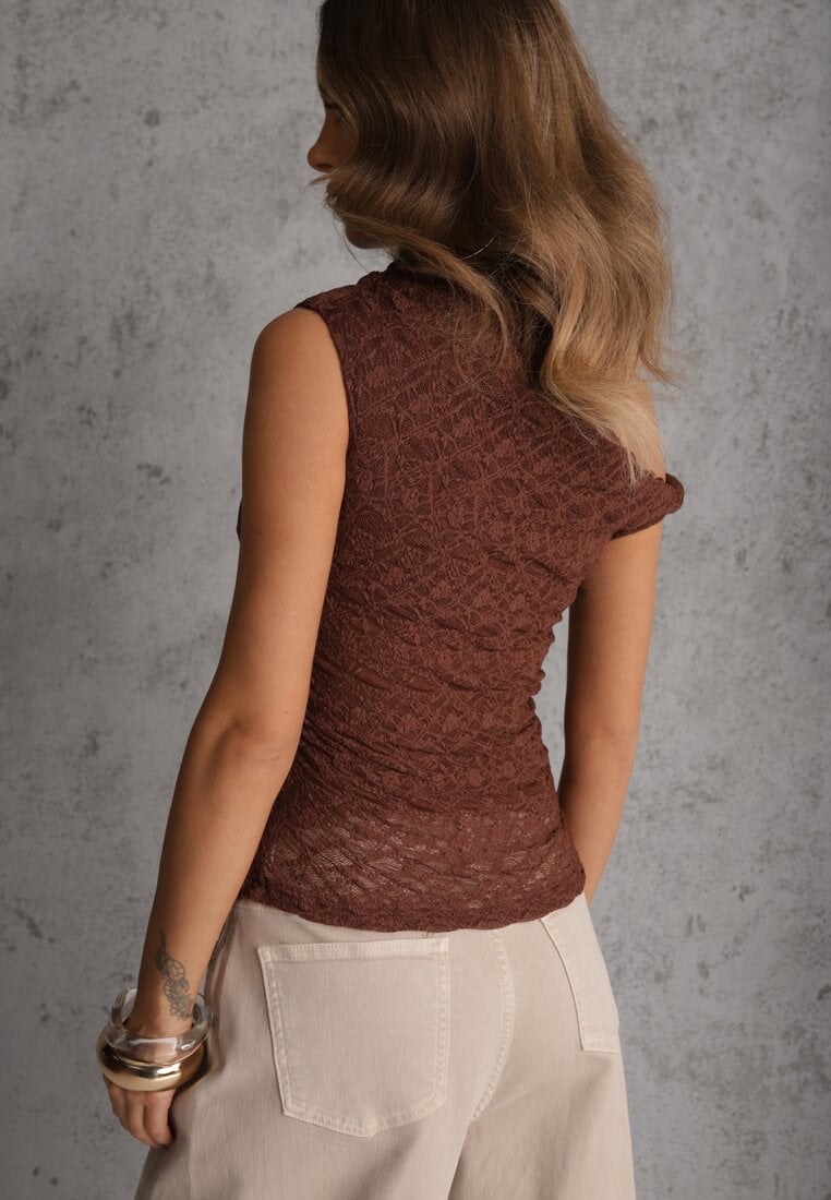 Brązowa Asymetryczna Bluzka z Koronki na Jedno Ramię Olitheilise