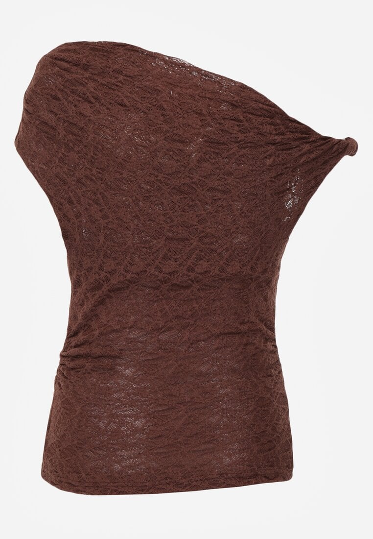 Brązowa Asymetryczna Bluzka z Koronki na Jedno Ramię Olitheilise