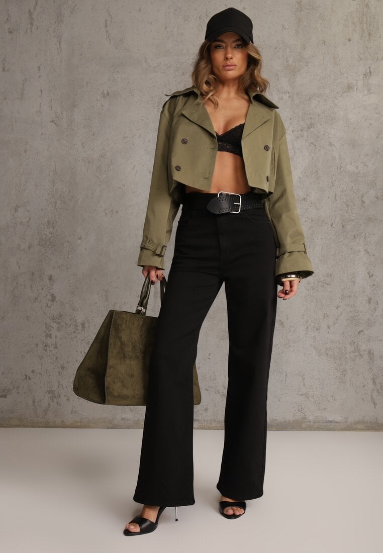 Czarne Szerokie Spodnie High Waist z Bawełny Rhethyphe