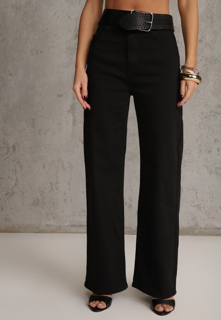 Czarne Szerokie Spodnie High Waist z Bawełny Rhethyphe